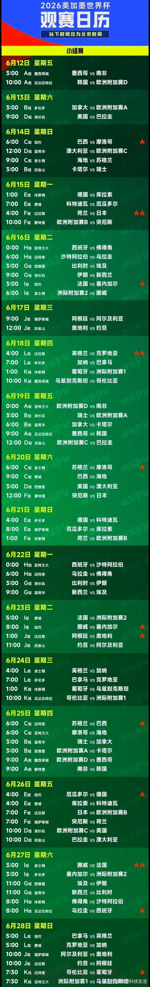 世界杯小组赛完整赛程时间表